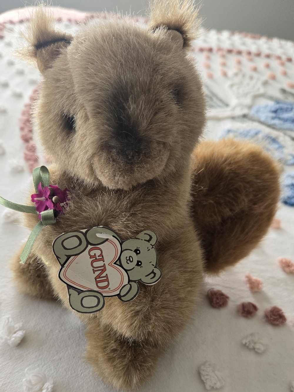 Gund Brown Plush Squirrel with Pink Flower and Green Ribbon